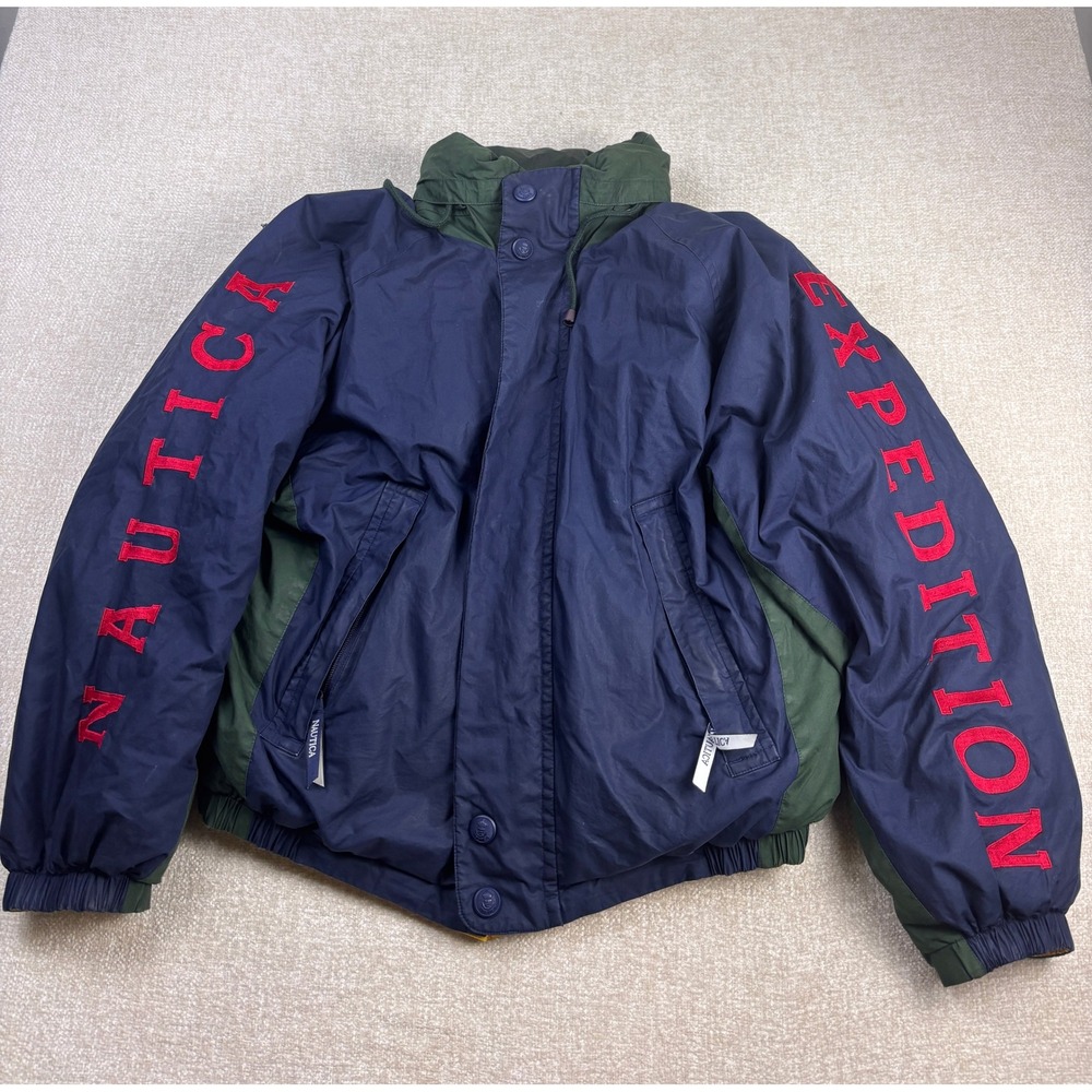Nautica Expedition Reversible Down Puffer Jacket Mens Large Navy Yellow Vintage